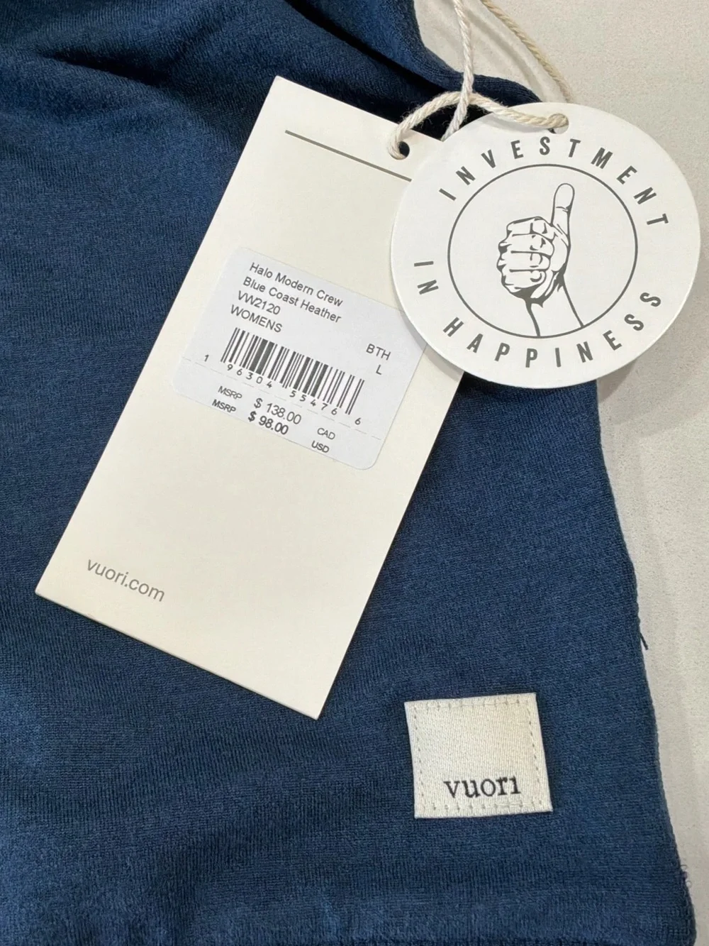 NWT Vuori Halo Modern Crew Sweatshirt Large Blue Heather Pullover Soft Stretch